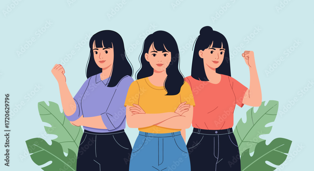 Fototapeta premium Three diverse young women standing together in a display of solidarity.