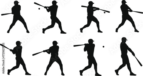 Baseball player silhouette, man hitting ball, sports action illustration, athlete with bat, batting practice, competitive game, professional sport design, outdoor activity
