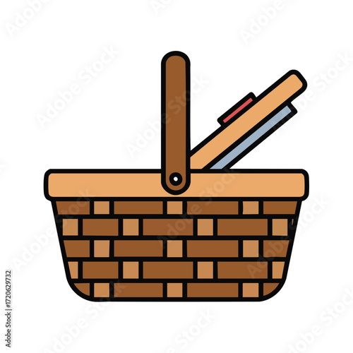 Picnic Basket with Wooden Cutting Board Summertime Illustration