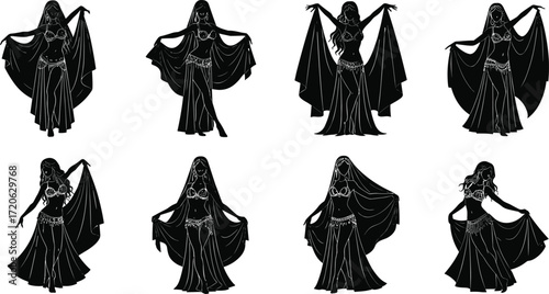 Belly dancer silhouette, oriental woman illustration, traditional dance art, exotic female performance, cultural festival artwork, elegant costume design, Middle Eastern dancer