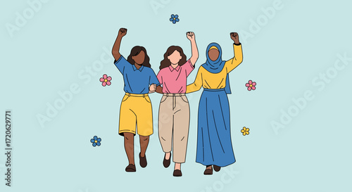 Three Diverse Women Walking Forward with Raised Fists and Floral Accents.