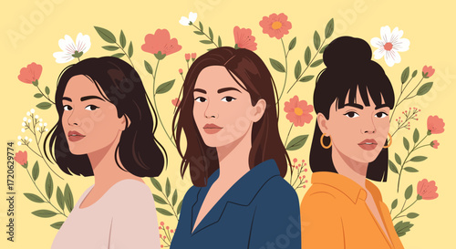 Three diverse women with unique hairstyles and floral accents in a portrait.
