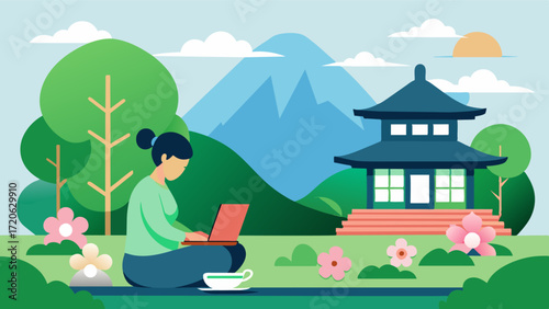 As I sip on a cup of fresh green tea in between emails I cant believe Im getting to experience the tranquility of a Japanese garden right outside my workfromhome space.. Vector illustration