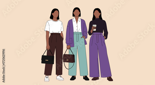 Three Stylish Women in WideLeg Pants and Chic Accessories Illustration.