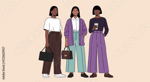 Three stylish women in wideleg pants each with unique accessories and outfits.