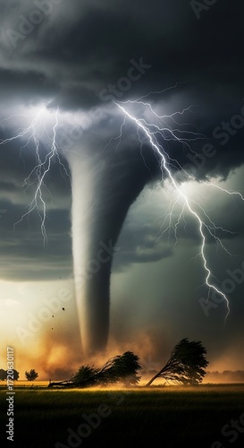 A powerful tornado rips through a field at sunset, amidst dramatic lightning.