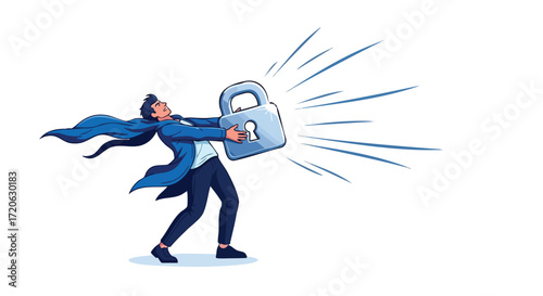 Man Struggling with Giant Padlock Data Security Privacy and Challenge Concept Illustration