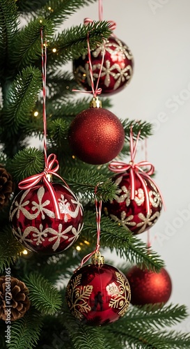 Ornate red Christmas ornaments with white and gold detailing hang from a festive evergreen tree.