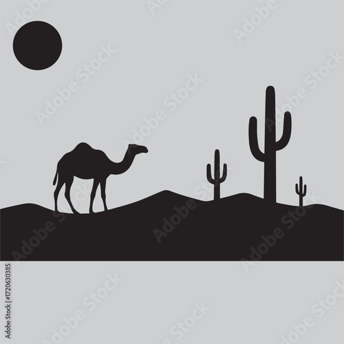 camel in desert, Black silhouette of a camel walking in the desert with cactus plants and sand dunes on a white background. Minimalist desert landscape illustration, wildlife and nature concept