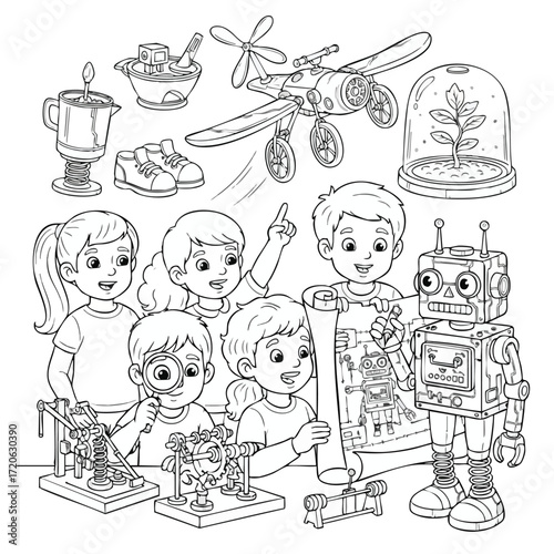 Kids Exploring STEM Robotics Invention and Engineering Education Illustration