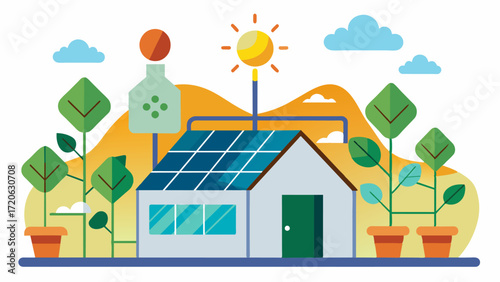 A solarpowered electricity system that powers all automated processes within the greenhouse.. Vector illustration
