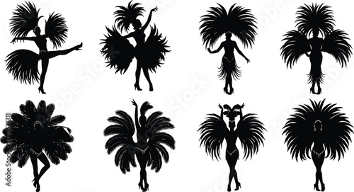 Brazilian samba dancer silhouette, carnival woman costume, exotic feather performance, cultural festival dance, parade art illustration, traditional celebration entertainment design