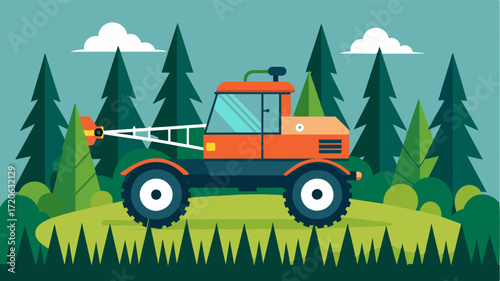 A selfpropelled herbicide sprayer navigates through the forest targeting invasive species and reducing the need for manual weed control.. Vector illustration