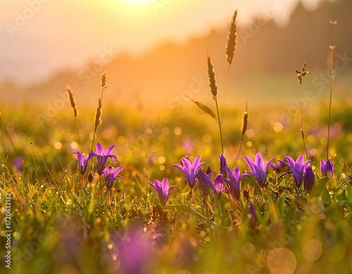 Close-up of Purple Flowers in Dewy Field at Sunrise