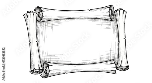 Detailed drawing of an antique scroll parchment illustration suitable for use in graphic design
