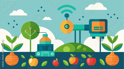 A smart harvest system that uses AI to detect when crops are ripe and ready to be picked optimizing the harvesting process and reducing waste.. Vector illustration