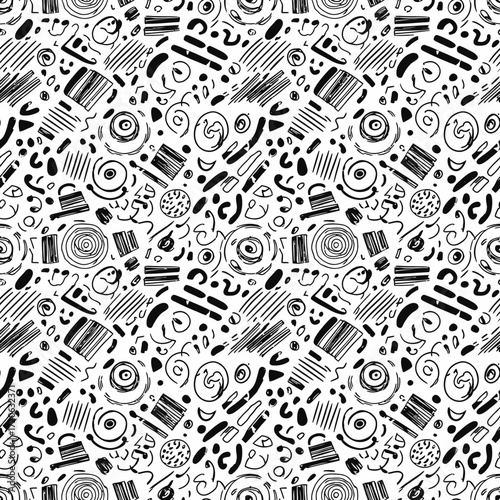 Monochrome abstract chaotic pattern with hand drawn elements for backgrounds and designs