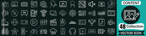 Set of outline icons related to content creation and media. Linear icon collection. Vector illustration