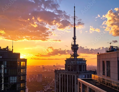 Cityscape Sunset with Telecommunications Tower