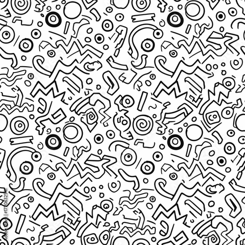 Playful abstract seamless pattern with hand drawn black doodles on white background illustration