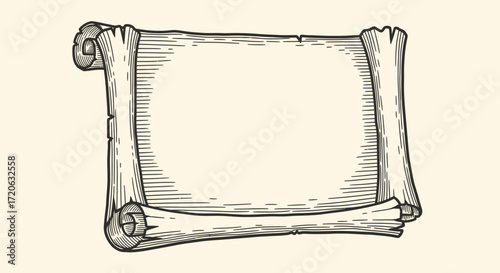 Detailed antique scroll parchment drawing with intricate lines and blank space ready for