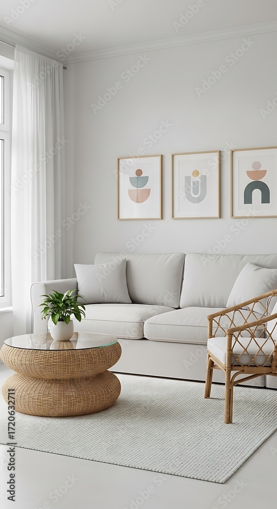 Fototapeta premium A light and airy living room scene, featuring a neutral color palette, modern abstract art, and a wicker coffee table.
