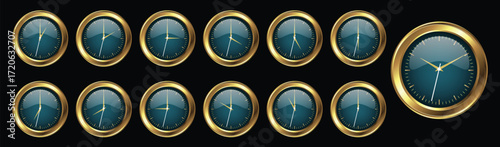 Set of luxury green clock with golden frame, notifying each hour