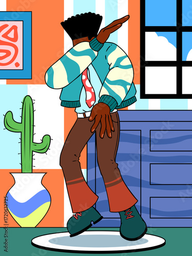 Maximalist cartoon illustration of person doing dab pose in vibrant room with patterned outfit colorful furniture abstract art and decorative plants creating a bold expressive visual scene
