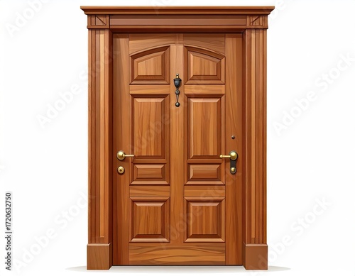 Classic Wooden Door with Paneling and Brass Hardware