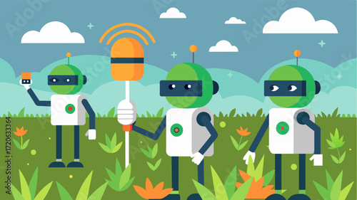 A series of robots equipped with weed control technology roaming through a field of crops working together to systematically identify and remove any unwanted plants. The robots. Vector illustration