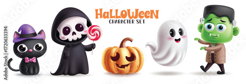 Halloween character clipart set. Cute Halloween character clip art like Grim reaper, Monster, Ghost, Pumpkin and cat for Halloween and trick or treat party scary character collection vector 