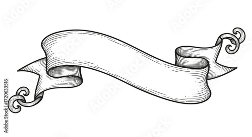 Vintage engraved ribbon banner illustration with ornamental scrolls and shaded textures