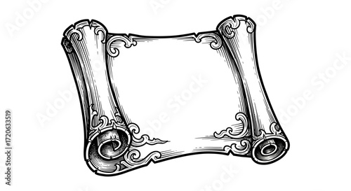 Antique scroll illustration with ornate details perfect for historical themes and designs