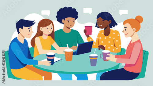 A group of students huddle around a large table discussing their group project and occasionally taking sips from their iced coffees.. Vector illustration