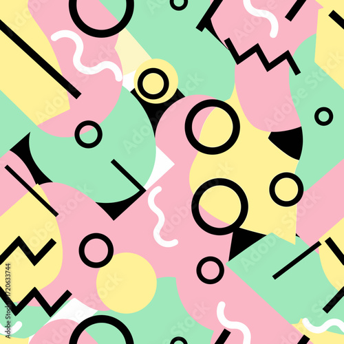 Playful retro geometric pattern with pastel colors evoking a cheerful 80s vibe
