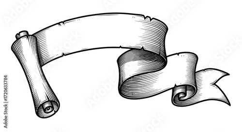 Hand-drawn decorative scroll ribbon banner with artistic hatch shading perfect for design projects
