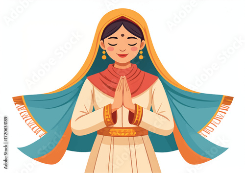 A young woman is shown in a peaceful moment of prayer, her hands gently clasped together in front of her chest. Her eyes are closed
