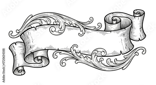 Elegant vintage scroll banner illustration with decorative floral elements and blank space