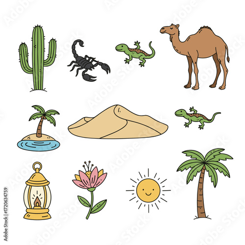 Set of  desert icons in hand drawn doodle style. Vector illustration with cactus, camel, scorpion, lizard, oasis, sand dune, lantern, desert flower, sun, palm tree