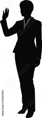 Business woman silhouette, female professional waving hand, standing pose vector, modern corporate lady outline, elegant female figure design illustration