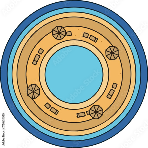 Circular Beach Paradise Illustration with Central Pool