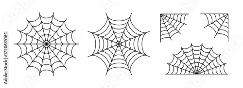 Black line spider web set. Simplified cobweb corner collection. Halloween frame and borders elements for banner, poster, decoration. Linear spooky tangled net bundle. Vector Haloween pack