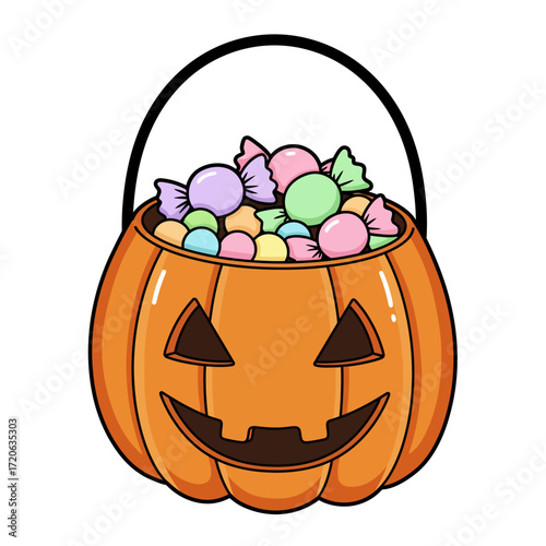 A cartoon jack-o-lantern pumpkin bucket filled with colorful wrapped candies.