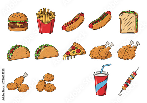 Set of  fast food icons in hand drawn doodle style. Vector illustration with burger, fries, hot dog, sandwich, taco, pizza, fried chicken, nuggets, soda cup, kebab