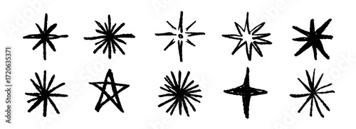 Black crayon hand drawn stars and sparkles set. Grunge rough brush stroke shine element pack for collage, poster, sticker, label. Childish doodle sparks collection. Sketched pencil asterisks. Vector