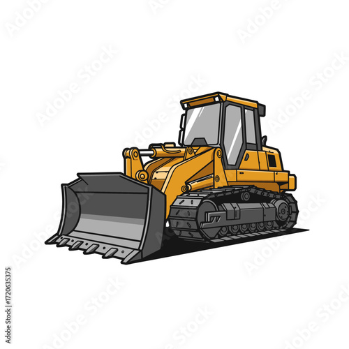 Yellow Crawler Bulldozer with Large Front Loader and Protective Cab.