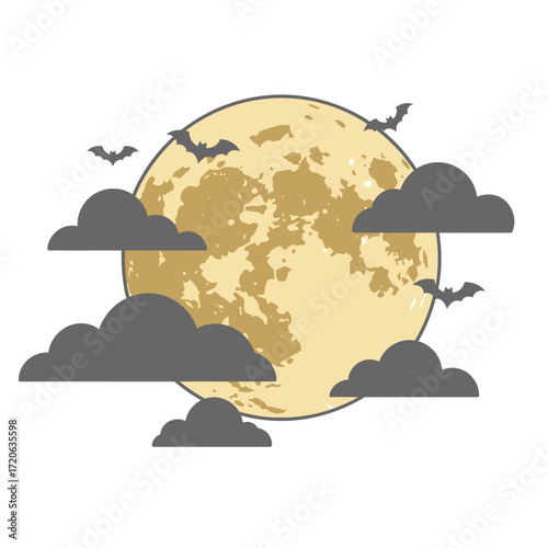 A spooky Halloween illustration of a yellow full moon with craters dark grey clouds and flying bat silhouettes.