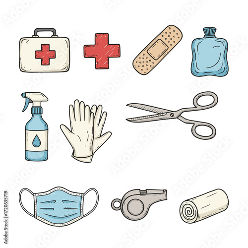 Set of  first aid icons in hand drawn doodle style. Vector illustration with first aid kit, cross symbol, adhesive bandage, ice pack, scissors, alcohol spray, gloves, mask, whistle, gauze roll.