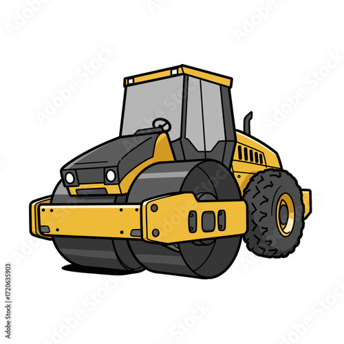 Cartoon Illustration of a Yellow and Black Road Roller Compactor.