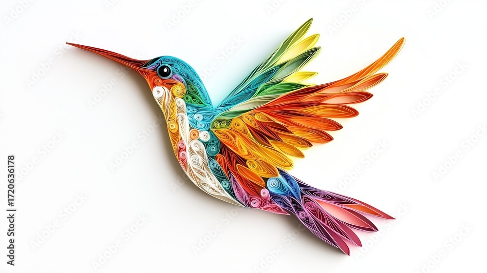 Fototapeta premium Intricate Quilling Craft Hummingbird with Rainbow Colors, Paper Art Technique Showcase for DIY Projects and Creative Industry